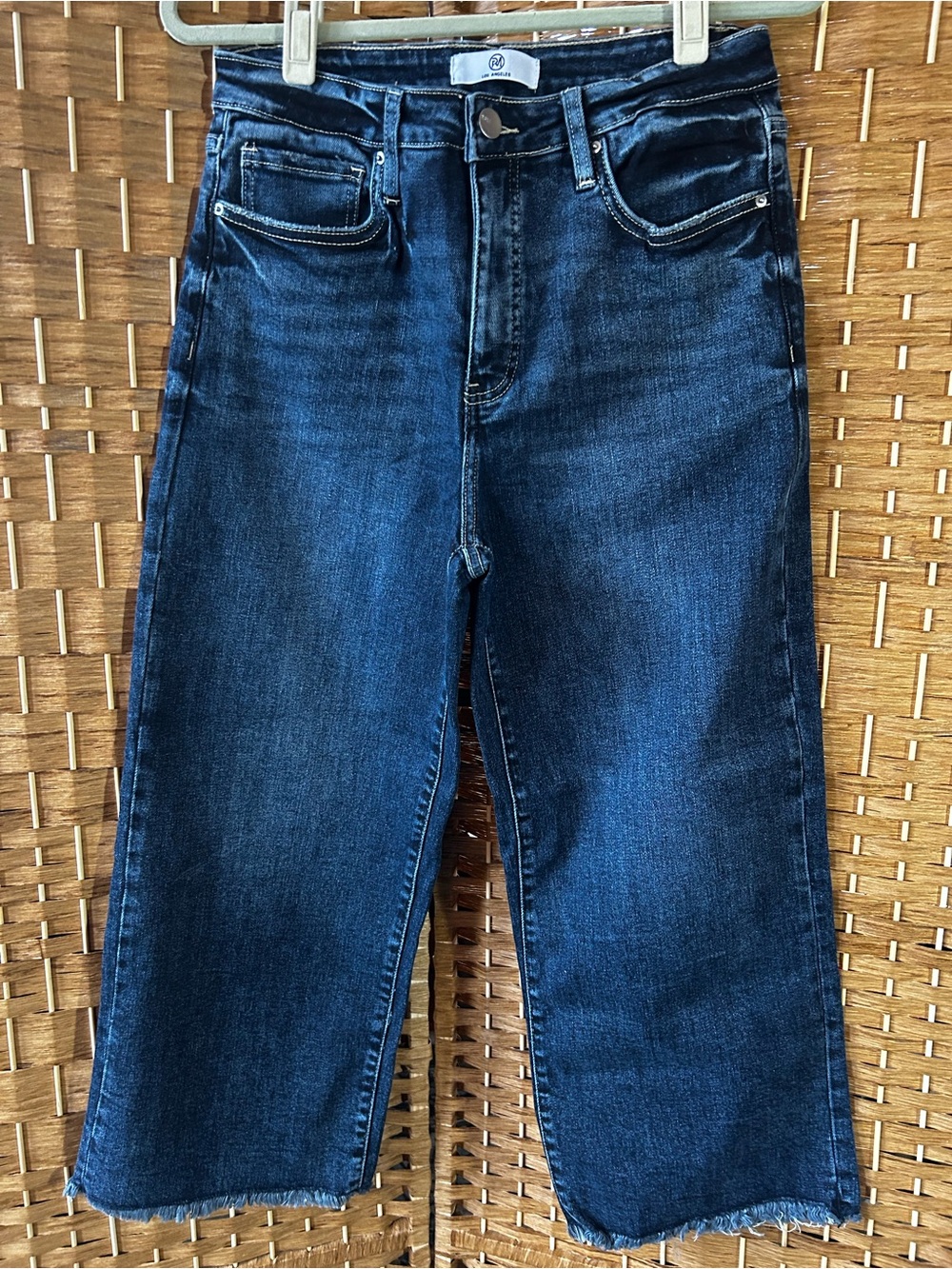 RFM Los Angeles Wide Leg Crop Jeans High Rise Dark Wash Raw Hem Denim Sz 12